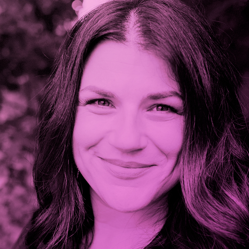 A pink filtered photograph of Ange Stever